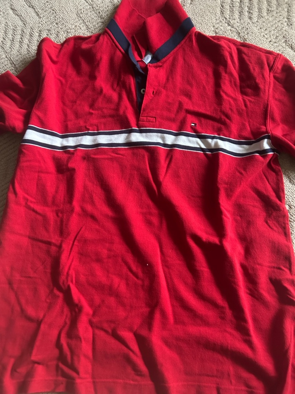 Tommy Hilfiger Red Polo with Navy and White Stripes